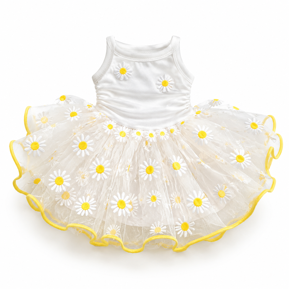Daisy Tulle Princess Pet Dress โ Cute White Summer Puppy Dress with Floral Daisy Tutu Skirt & Hair Bow โ Soft Breathable Cotton Pet Apparel for Small Dogs and Cats โ Perfect for Weddings, Photoshoots, and Spring/Summer Outings