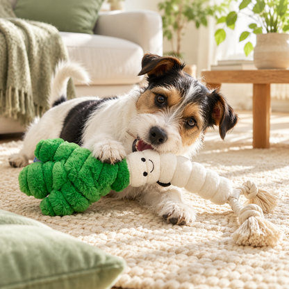 Interactive Plush and Cotton Rope Squeaky Dog Toy – Durable Dual-Texture Chew Toy for Puppies and Medium Dogs – Teeth Cleaning Tug-of-War Bone with Crinkle & Squeaker – Boredom Relief and Calming Pet Plaything (Green & White)