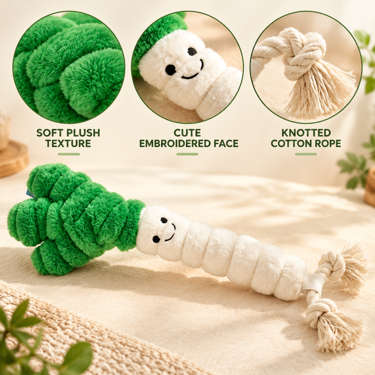 Interactive Plush and Cotton Rope Squeaky Dog Toy – Durable Dual-Texture Chew Toy for Puppies and Medium Dogs – Teeth Cleaning Tug-of-War Bone with Crinkle & Squeaker – Boredom Relief and Calming Pet Plaything (Green & White)