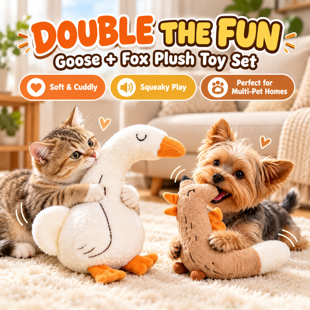 Multi-Pet Household Plush Toy Set – Soft Goose & Floppy Fox Interactive Dog and Cat Toys – Squeaky & Crinkle Companions for Boredom Relief, Cuddling, and Joint Play – Perfect Gift for Multi-Dog and Cat Homes