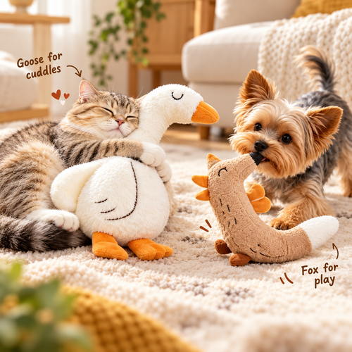 Multi-Pet Household Plush Toy Set – Soft Goose & Floppy Fox Interactive Dog and Cat Toys – Squeaky & Crinkle Companions for Boredom Relief, Cuddling, and Joint Play – Perfect Gift for Multi-Dog and Cat Homes