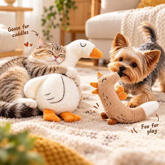 Multi-Pet Household Plush Toy Set – Soft Goose & Floppy Fox Interactive Dog and Cat Toys – Squeaky & Crinkle Companions for Boredom Relief, Cuddling, and Joint Play – Perfect Gift for Multi-Dog and Cat Homes