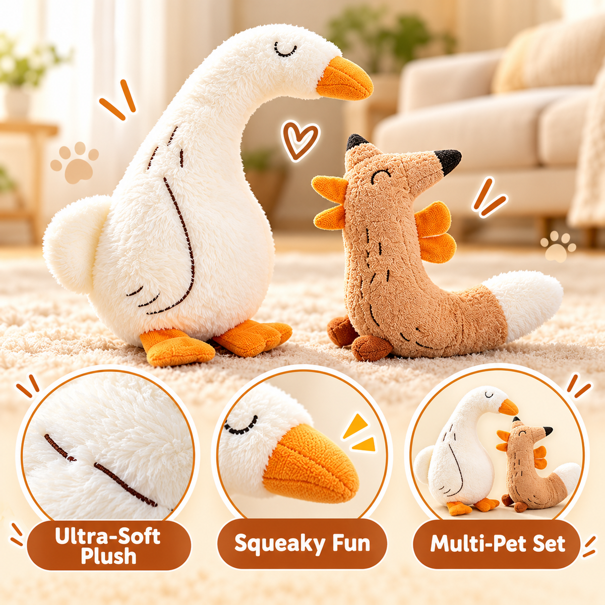 Multi-Pet Household Plush Toy Set – Soft Goose & Floppy Fox Interactive Dog and Cat Toys – Squeaky & Crinkle Companions for Boredom Relief, Cuddling, and Joint Play – Perfect Gift for Multi-Dog and Cat Homes
