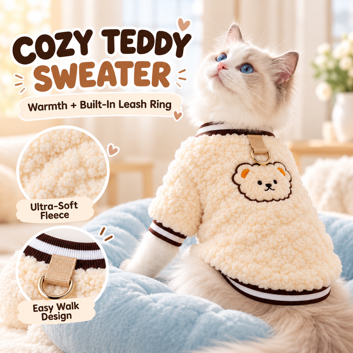 Cozy Fleece Teddy Bear Sweater for Cats and Small Dogs – Winter Warm Pullover with Built-in Leash Ring – Cute Embroidered Puppy Coat for Cold Weather – Soft Sheepskin Fleece Pet Clothes for Daily Walks & Indoor Lounging
