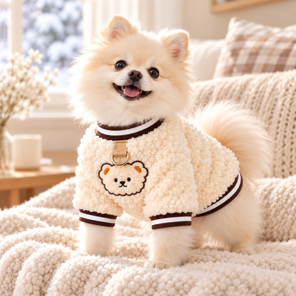 Cozy Fleece Teddy Bear Sweater for Cats and Small Dogs – Winter Warm Pullover with Built-in Leash Ring – Cute Embroidered Puppy Coat for Cold Weather – Soft Sheepskin Fleece Pet Clothes for Daily Walks & Indoor Lounging