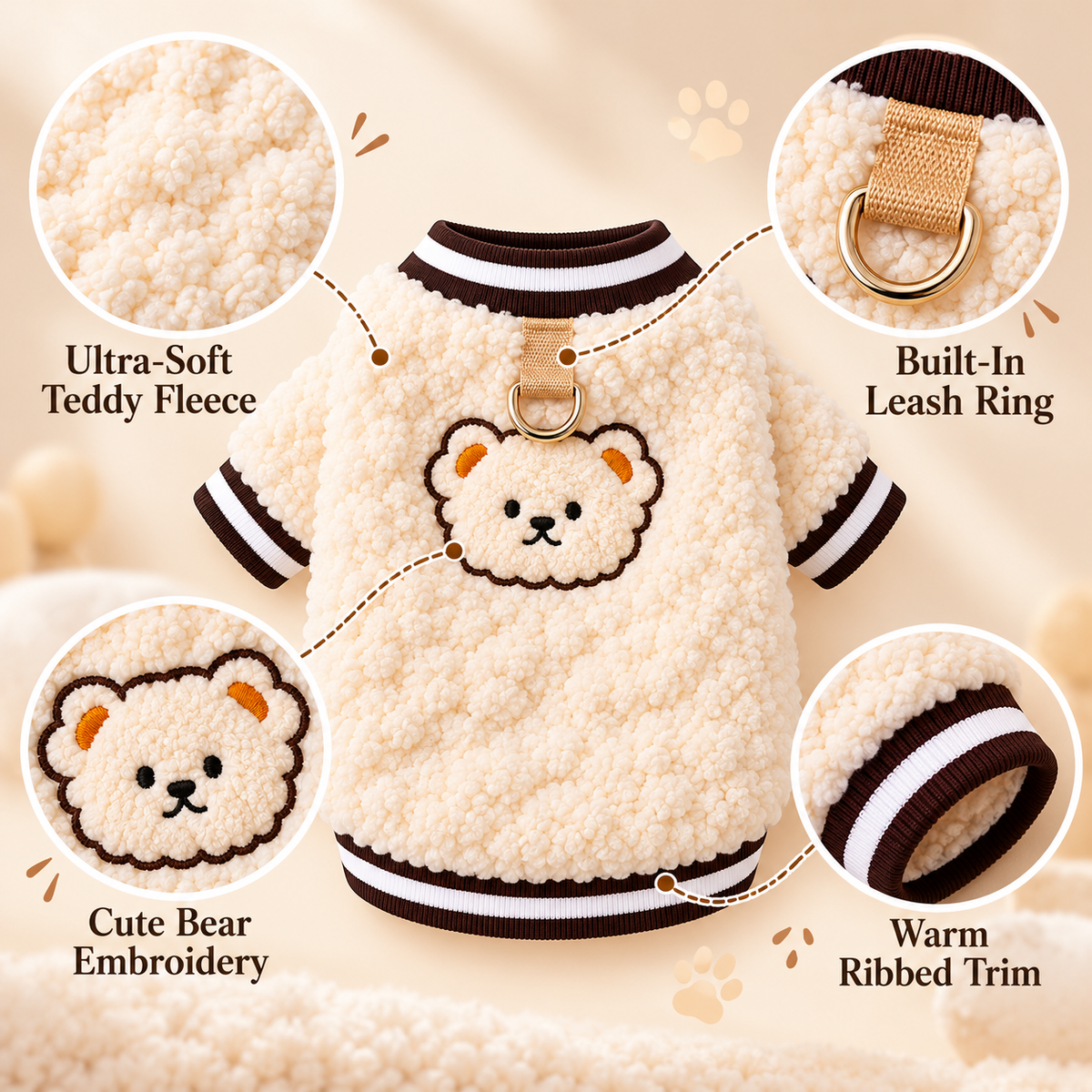 Cozy Fleece Teddy Bear Sweater for Cats and Small Dogs – Winter Warm Pullover with Built-in Leash Ring – Cute Embroidered Puppy Coat for Cold Weather – Soft Sheepskin Fleece Pet Clothes for Daily Walks & Indoor Lounging