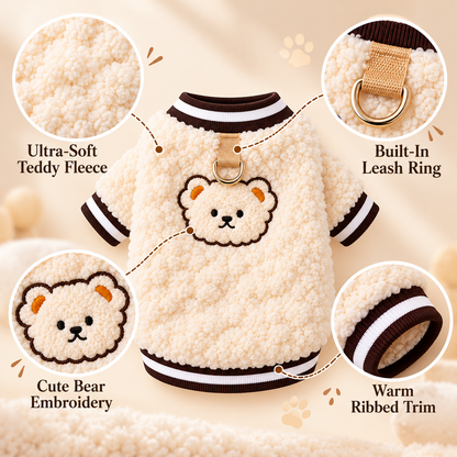Cozy Fleece Teddy Bear Sweater for Cats and Small Dogs – Winter Warm Pullover with Built-in Leash Ring – Cute Embroidered Puppy Coat for Cold Weather – Soft Sheepskin Fleece Pet Clothes for Daily Walks & Indoor Lounging