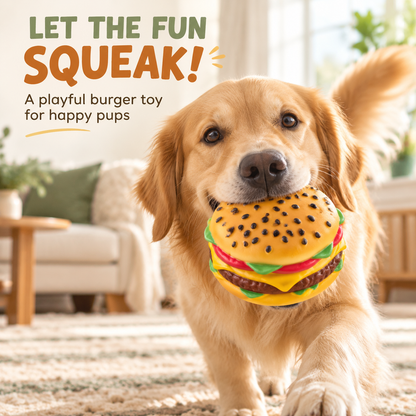 Interactive Squeaky Rubber Hamburger Dog Toy – Durable Natural Rubber Chew Toy for Aggressive Chewers – Funny Food Shaped Pet Toy with Built-in Sounder for Boredom & Teeth Cleaning
