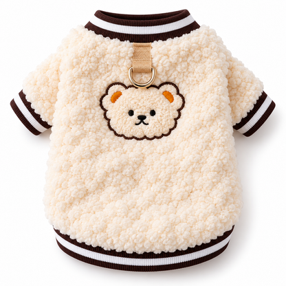 Cozy Fleece Teddy Bear Sweater for Cats and Small Dogs – Winter Warm Pullover with Built-in Leash Ring – Cute Embroidered Puppy Coat for Cold Weather – Soft Sheepskin Fleece Pet Clothes for Daily Walks & Indoor Lounging
