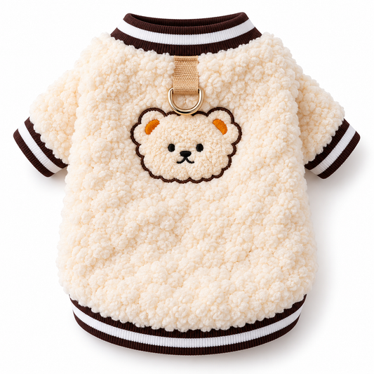 Cozy Fleece Teddy Bear Sweater for Cats and Small Dogs – Winter Warm Pullover with Built-in Leash Ring – Cute Embroidered Puppy Coat for Cold Weather – Soft Sheepskin Fleece Pet Clothes for Daily Walks & Indoor Lounging