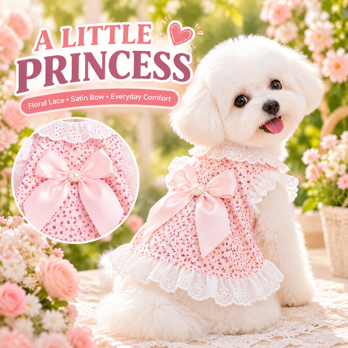 Princess Bowknot Lace Pet Dress – Cute Floral Print Summer Puppy Dress with Pearls & Ruffle Hem – Soft Breathable Cotton Dog Clothes for Small Breeds & Cats – Sweet Princess Style Pet Apparel for Daily Wear, Parties, and Photoshoots (Pink/Blue, XS-XL)