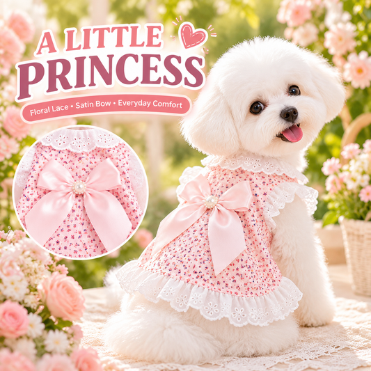 Princess Bowknot Lace Pet Dress – Cute Floral Print Summer Puppy Dress with Pearls & Ruffle Hem – Soft Breathable Cotton Dog Clothes for Small Breeds & Cats – Sweet Princess Style Pet Apparel for Daily Wear, Parties, and Photoshoots (Pink/Blue, XS-XL)