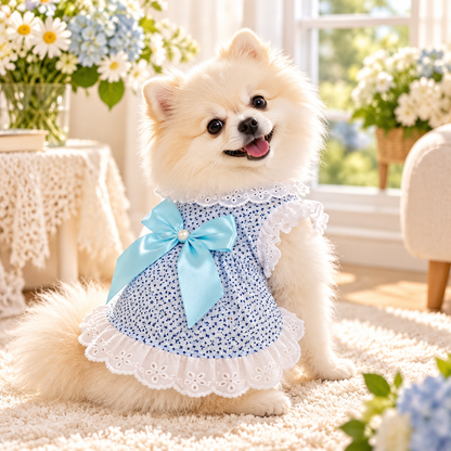 Princess Bowknot Lace Pet Dress – Cute Floral Print Summer Puppy Dress with Pearls & Ruffle Hem – Soft Breathable Cotton Dog Clothes for Small Breeds & Cats – Sweet Princess Style Pet Apparel for Daily Wear, Parties, and Photoshoots (Pink/Blue, XS-XL)