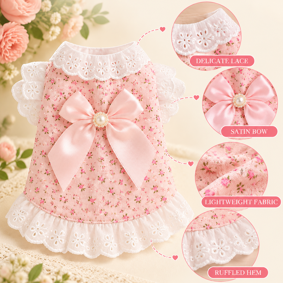 Princess Bowknot Lace Pet Dress – Cute Floral Print Summer Puppy Dress with Pearls & Ruffle Hem – Soft Breathable Cotton Dog Clothes for Small Breeds & Cats – Sweet Princess Style Pet Apparel for Daily Wear, Parties, and Photoshoots (Pink/Blue, XS-XL)