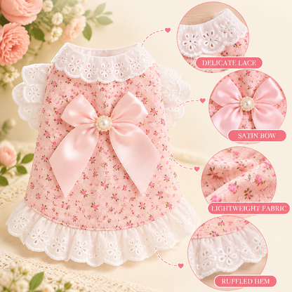 Princess Bowknot Lace Pet Dress – Cute Floral Print Summer Puppy Dress with Pearls & Ruffle Hem – Soft Breathable Cotton Dog Clothes for Small Breeds & Cats – Sweet Princess Style Pet Apparel for Daily Wear, Parties, and Photoshoots (Pink/Blue, XS-XL)