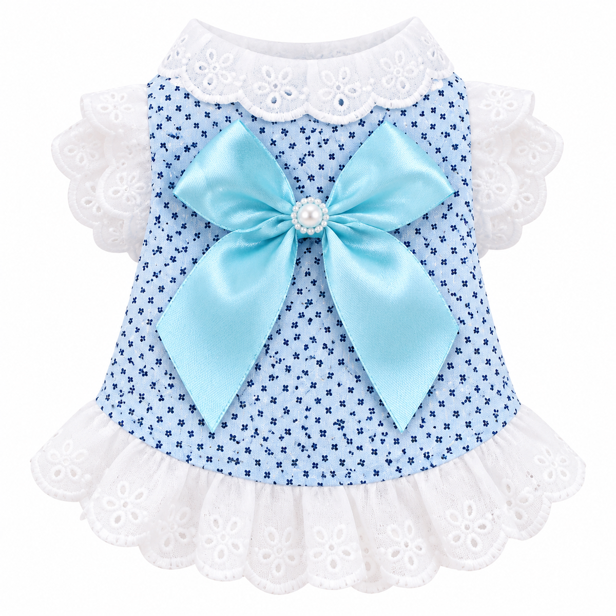 Princess Bowknot Lace Pet Dress – Cute Floral Print Summer Puppy Dress with Pearls & Ruffle Hem – Soft Breathable Cotton Dog Clothes for Small Breeds & Cats – Sweet Princess Style Pet Apparel for Daily Wear, Parties, and Photoshoots (Pink/Blue, XS-XL)