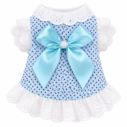 Princess Bowknot Lace Pet Dress – Cute Floral Print Summer Puppy Dress with Pearls & Ruffle Hem – Soft Breathable Cotton Dog Clothes for Small Breeds & Cats – Sweet Princess Style Pet Apparel for Daily Wear, Parties, and Photoshoots (Pink/Blue, XS-XL)