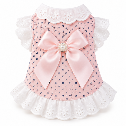 Princess Bowknot Lace Pet Dress – Cute Floral Print Summer Puppy Dress with Pearls & Ruffle Hem – Soft Breathable Cotton Dog Clothes for Small Breeds & Cats – Sweet Princess Style Pet Apparel for Daily Wear, Parties, and Photoshoots (Pink/Blue, XS-XL)