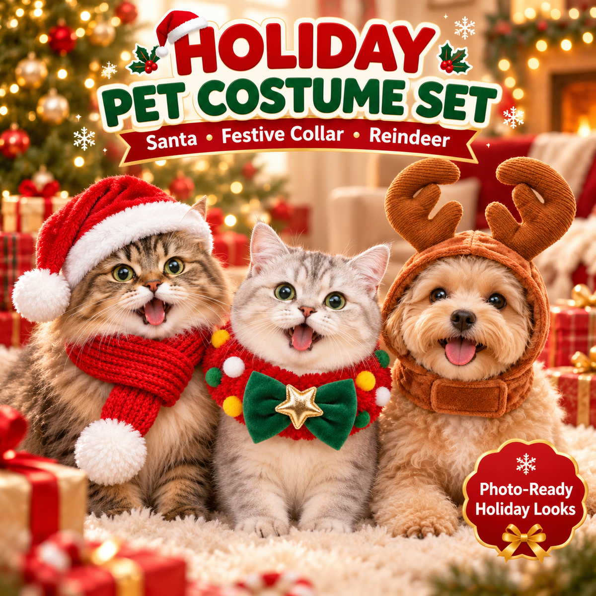 Christmas Pet Costume Set – 3-Piece Holiday Outfit with Santa Hat, Knit Scarf, Festive Collar &amp; Reindeer Antlers – Cute Winter Apparel Accessories for Cats and Small Dogs – Perfect for Holiday Parties, Photos, and Family Gatherings