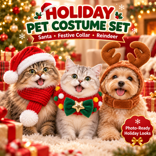 Christmas Pet Costume Set – 3-Piece Holiday Outfit with Santa Hat, Knit Scarf, Festive Collar &amp; Reindeer Antlers – Cute Winter Apparel Accessories for Cats and Small Dogs – Perfect for Holiday Parties, Photos, and Family Gatherings