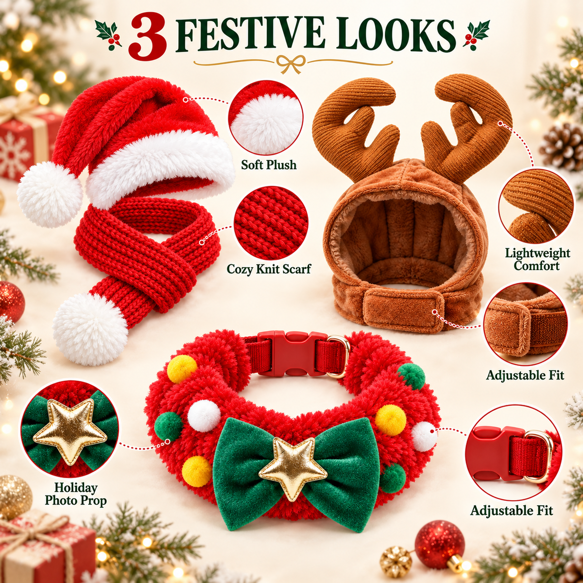 Christmas Pet Costume Set – 3-Piece Holiday Outfit with Santa Hat, Knit Scarf, Festive Collar &amp; Reindeer Antlers – Cute Winter Apparel Accessories for Cats and Small Dogs – Perfect for Holiday Parties, Photos, and Family Gatherings
