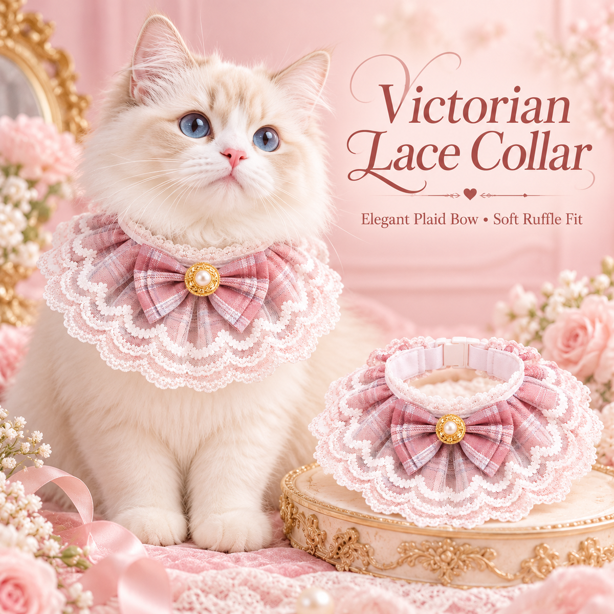 Victorian Lace Plaid Bowknot Pet Collar – Elegant Princess Bib Necklace with Faux Pearl & Gold Button for Cats and Small Dogs