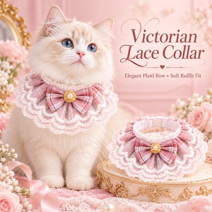 Victorian Lace Plaid Bowknot Pet Collar – Elegant Princess Bib Necklace with Faux Pearl & Gold Button for Cats and Small Dogs