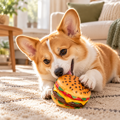 Interactive Squeaky Rubber Hamburger Dog Toy – Durable Natural Rubber Chew Toy for Aggressive Chewers – Funny Food Shaped Pet Toy with Built-in Sounder for Boredom & Teeth Cleaning