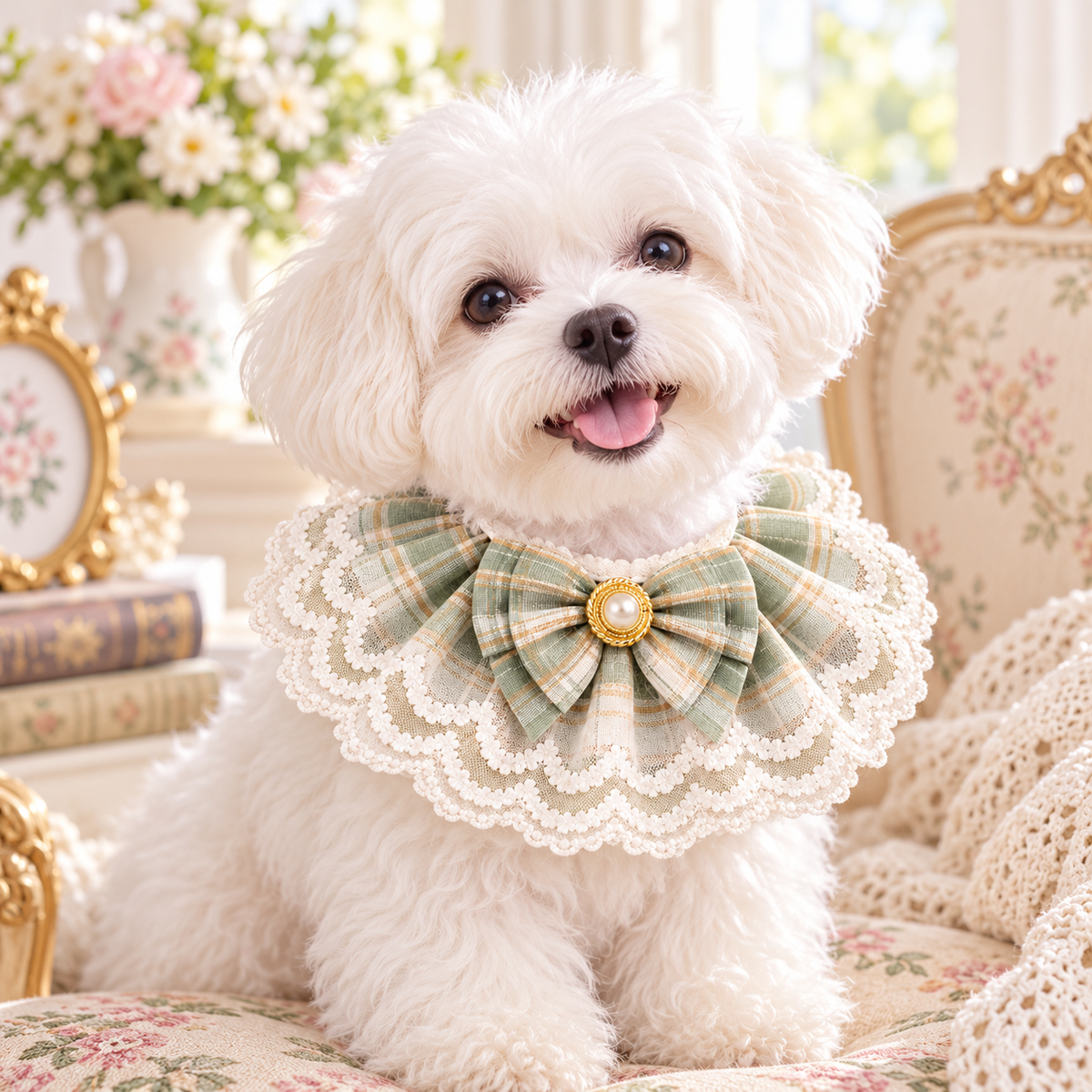 Victorian Lace Plaid Bowknot Pet Collar – Elegant Princess Bib Necklace with Faux Pearl & Gold Button for Cats and Small Dogs