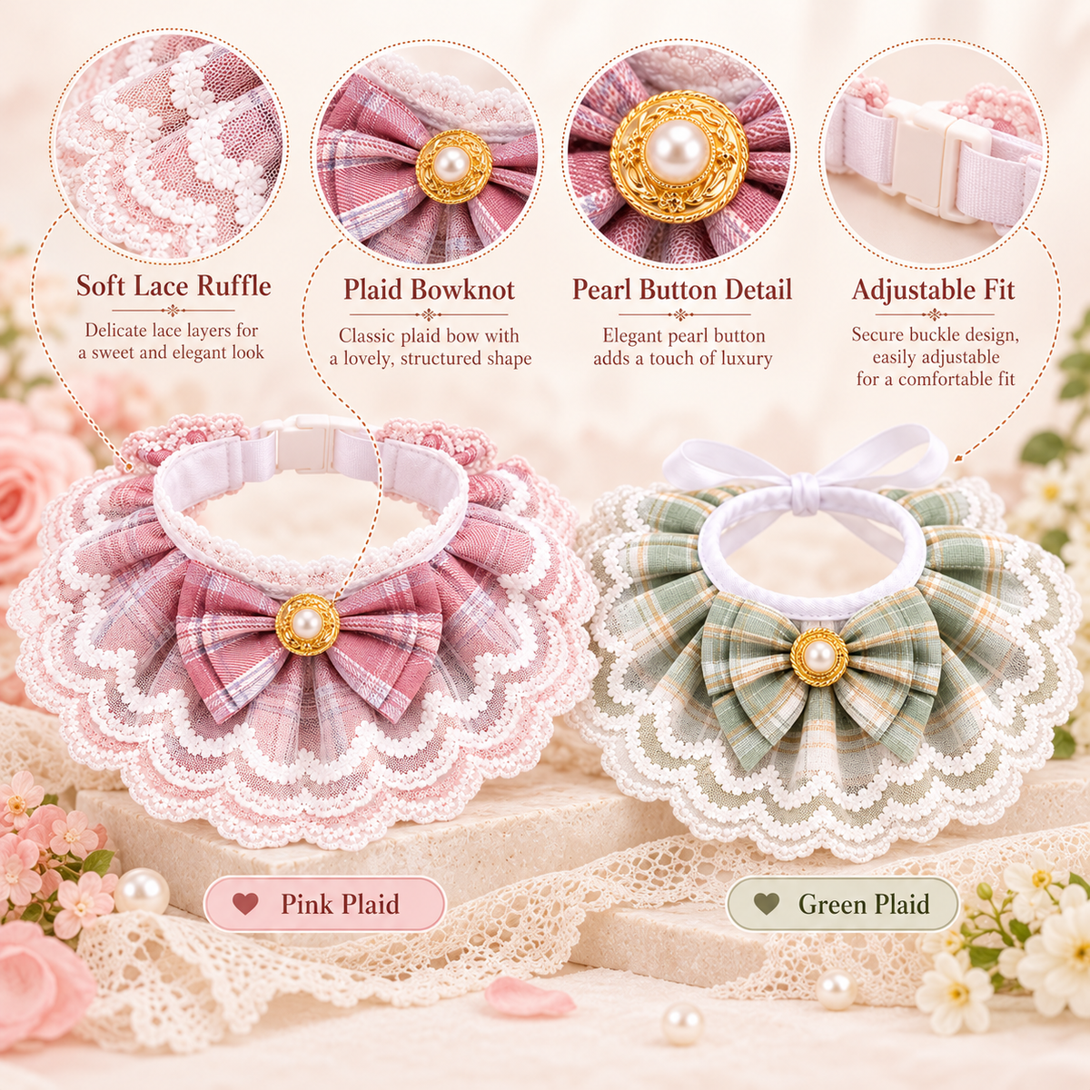 Victorian Lace Plaid Bowknot Pet Collar – Elegant Princess Bib Necklace with Faux Pearl & Gold Button for Cats and Small Dogs