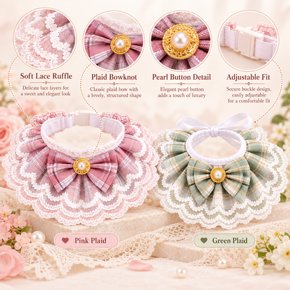 Victorian Lace Plaid Bowknot Pet Collar – Elegant Princess Bib Necklace with Faux Pearl & Gold Button for Cats and Small Dogs