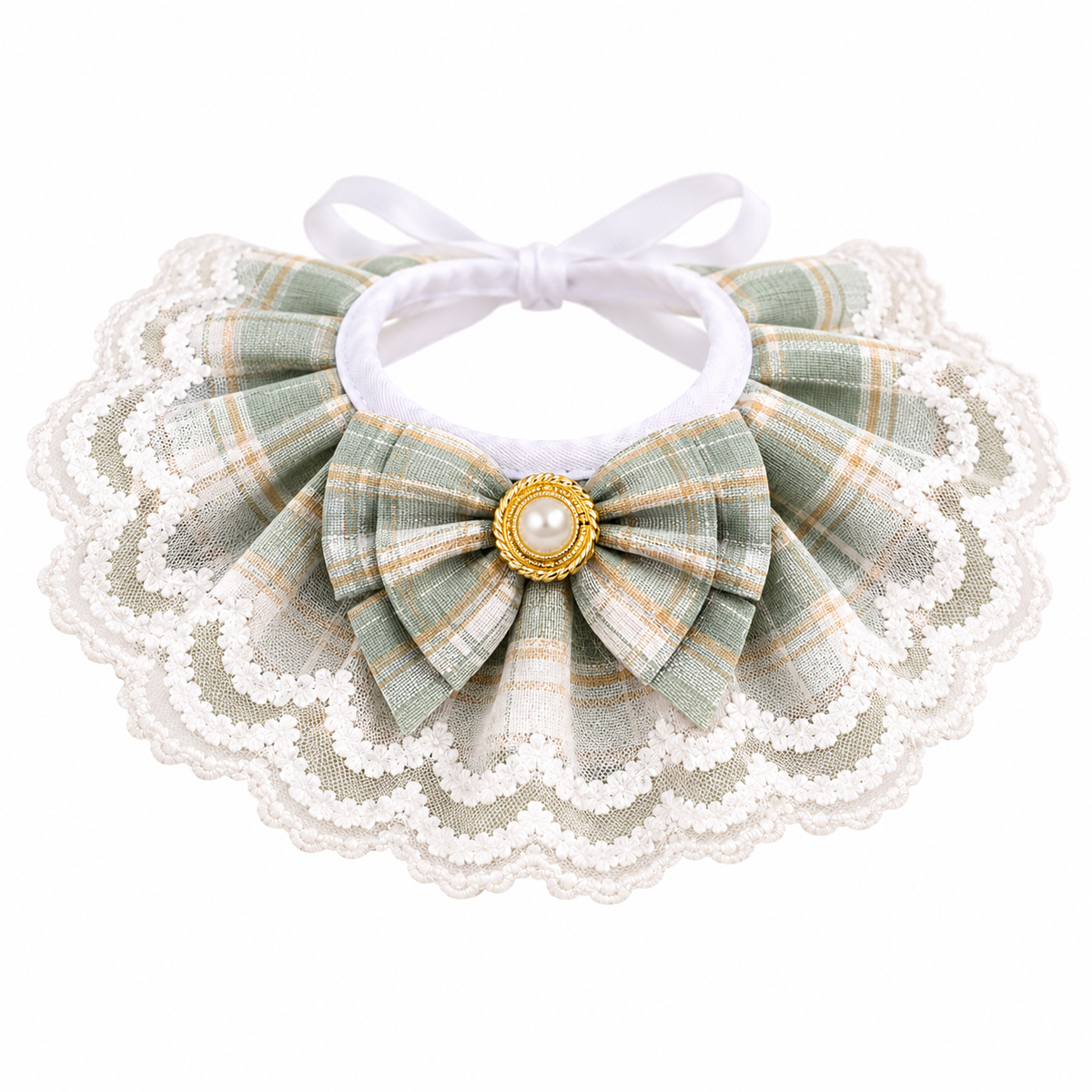 Victorian Lace Plaid Bowknot Pet Collar – Elegant Princess Bib Necklace with Faux Pearl & Gold Button for Cats and Small Dogs