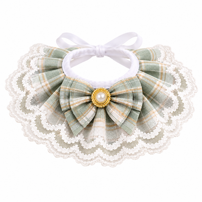Victorian Lace Plaid Bowknot Pet Collar – Elegant Princess Bib Necklace with Faux Pearl & Gold Button for Cats and Small Dogs