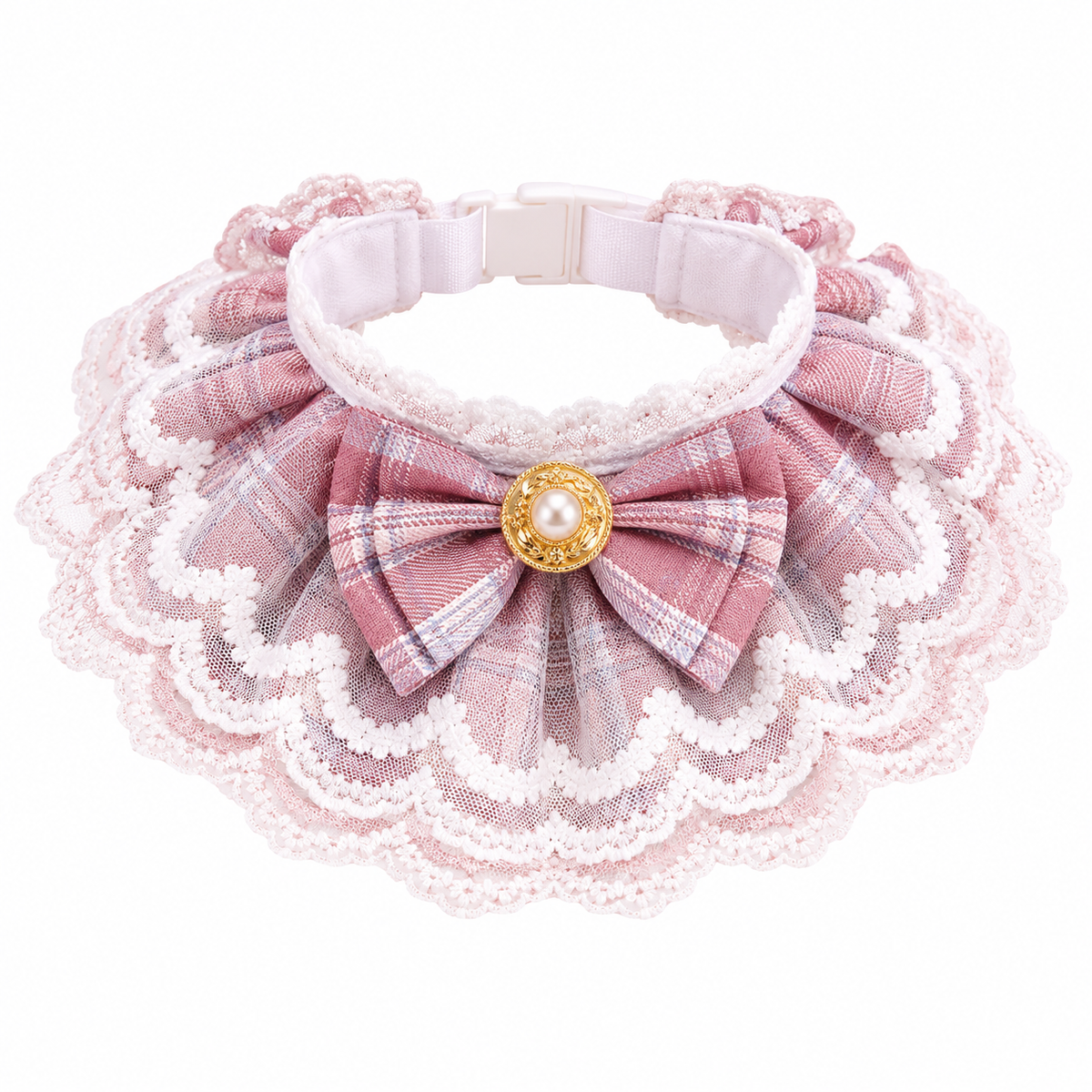 Victorian Lace Plaid Bowknot Pet Collar – Elegant Princess Bib Necklace with Faux Pearl & Gold Button for Cats and Small Dogs