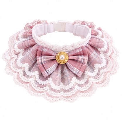 Victorian Lace Plaid Bowknot Pet Collar – Elegant Princess Bib Necklace with Faux Pearl & Gold Button for Cats and Small Dogs