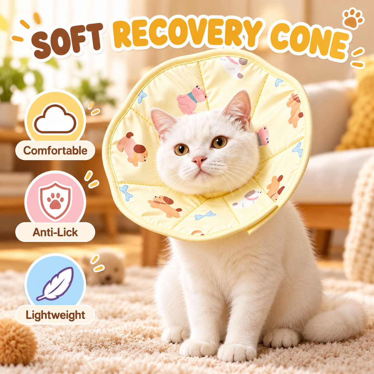 Soft Recovery Cone for Cats &amp; Small Dogs – Cute Printed E-Collar Alternative for Surgery, Wounds, and Rashes – Comfortable Lightweight Anti-Bite &amp; Anti-Lick Protective Collar – Gentle Cotton Pet Neck Cone for Post-Op Care and Healing (Yellow)
