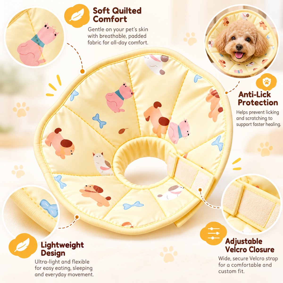 Soft Recovery Cone for Cats &amp; Small Dogs – Cute Printed E-Collar Alternative for Surgery, Wounds, and Rashes – Comfortable Lightweight Anti-Bite &amp; Anti-Lick Protective Collar – Gentle Cotton Pet Neck Cone for Post-Op Care and Healing (Yellow)