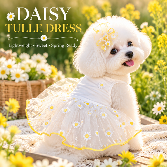 Daisy Tulle Princess Pet Dress – Cute White Summer Puppy Dress with Floral Daisy Tutu Skirt &amp; Hair Bow – Soft Breathable Cotton Pet Apparel for Small Dogs and Cats – Perfect for Weddings, Photoshoots, and Spring/Summer Outings