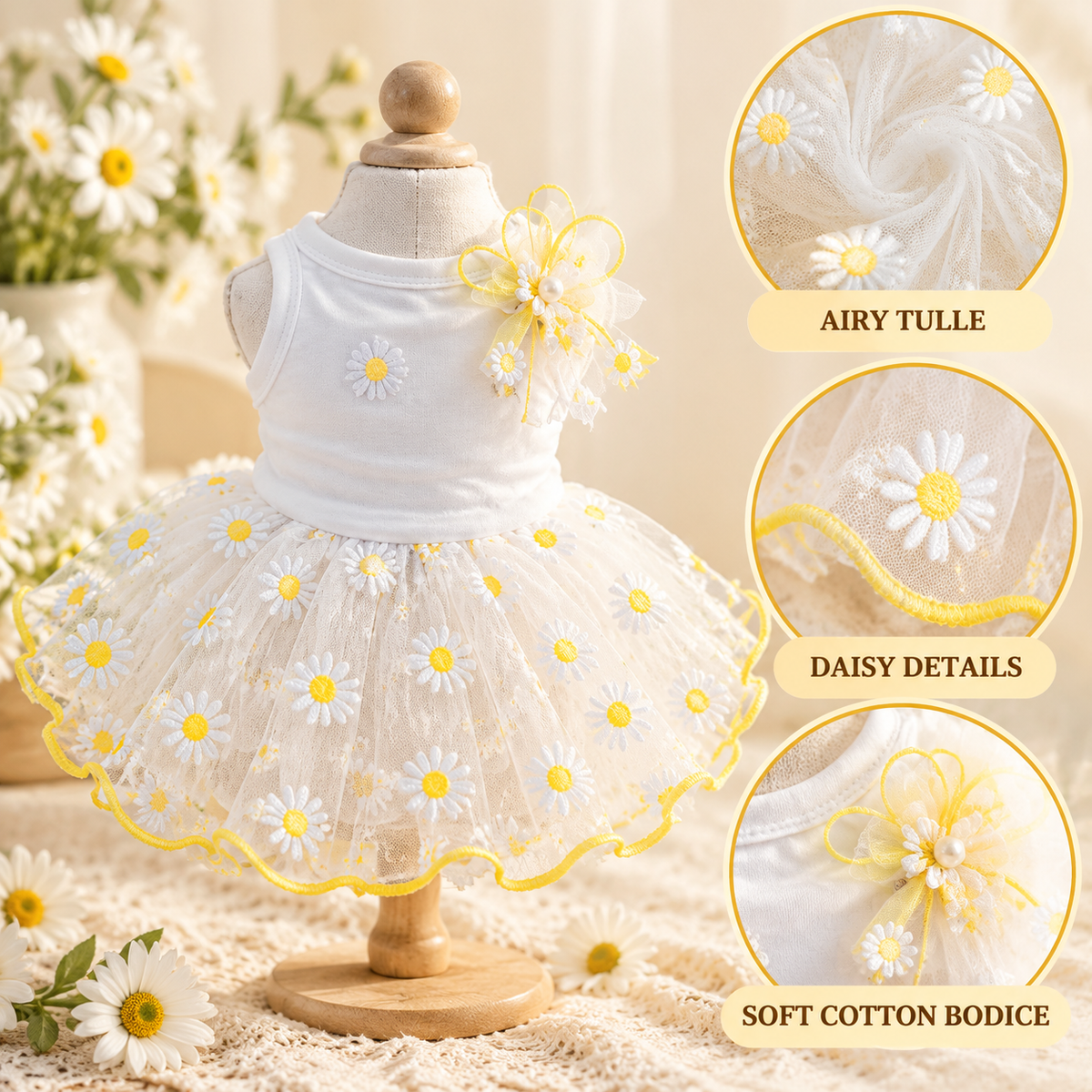 Daisy Tulle Princess Pet Dress – Cute White Summer Puppy Dress with Floral Daisy Tutu Skirt &amp; Hair Bow – Soft Breathable Cotton Pet Apparel for Small Dogs and Cats – Perfect for Weddings, Photoshoots, and Spring/Summer Outings