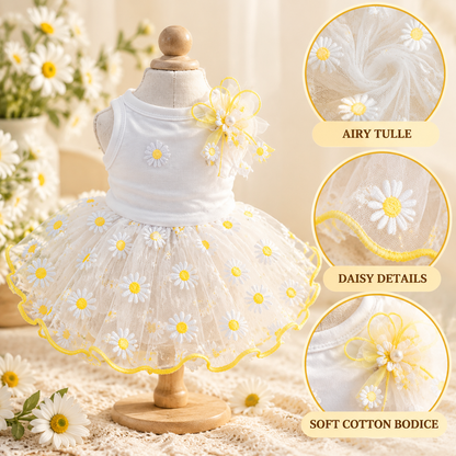 Daisy Tulle Princess Pet Dress – Cute White Summer Puppy Dress with Floral Daisy Tutu Skirt &amp; Hair Bow – Soft Breathable Cotton Pet Apparel for Small Dogs and Cats – Perfect for Weddings, Photoshoots, and Spring/Summer Outings