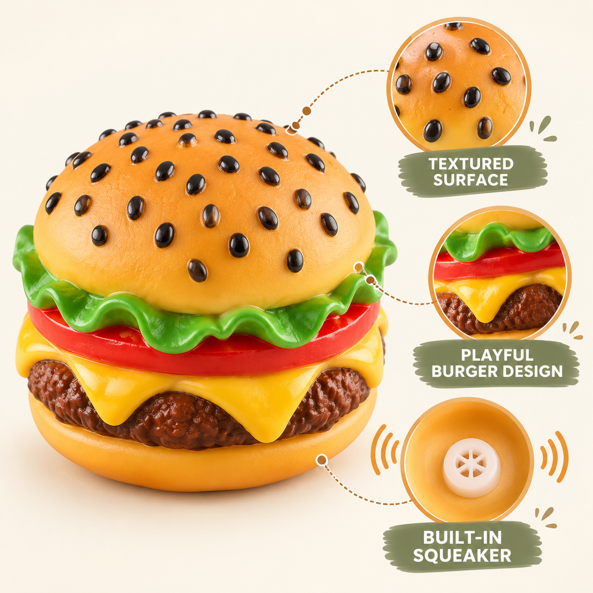 Interactive Squeaky Rubber Hamburger Dog Toy – Durable Natural Rubber Chew Toy for Aggressive Chewers – Funny Food Shaped Pet Toy with Built-in Sounder for Boredom & Teeth Cleaning