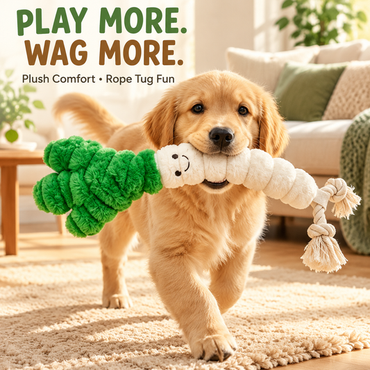Interactive Plush and Cotton Rope Squeaky Dog Toy – Durable Dual-Texture Chew Toy for Puppies and Medium Dogs – Teeth Cleaning Tug-of-War Bone with Crinkle & Squeaker – Boredom Relief and Calming Pet Plaything (Green & White)